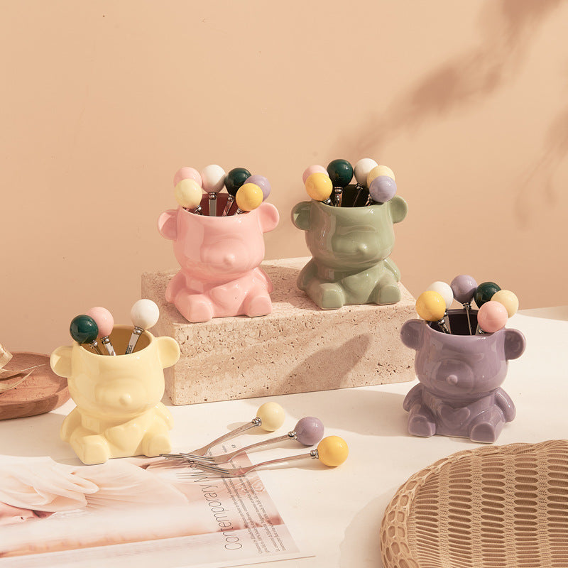 New arrival cream style ceramic bear hanging fruit fork jar suit high-looking home goods afternoon tea fruit fork spoon