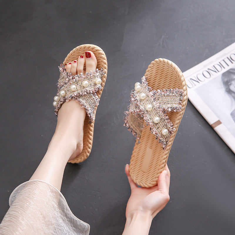 Xiaoxiangfeng slippers for women outwearsummerbest sellingfashion pearl flats one-piece slippers for outdoor beach non-slip sandals