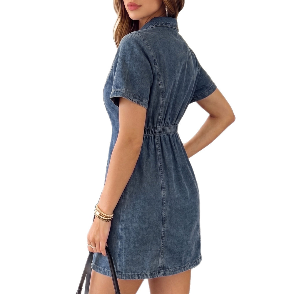 Fashion cross-border foreign trade  new style washed short-sleeved metal buttoned waist shaping lapel denim dress