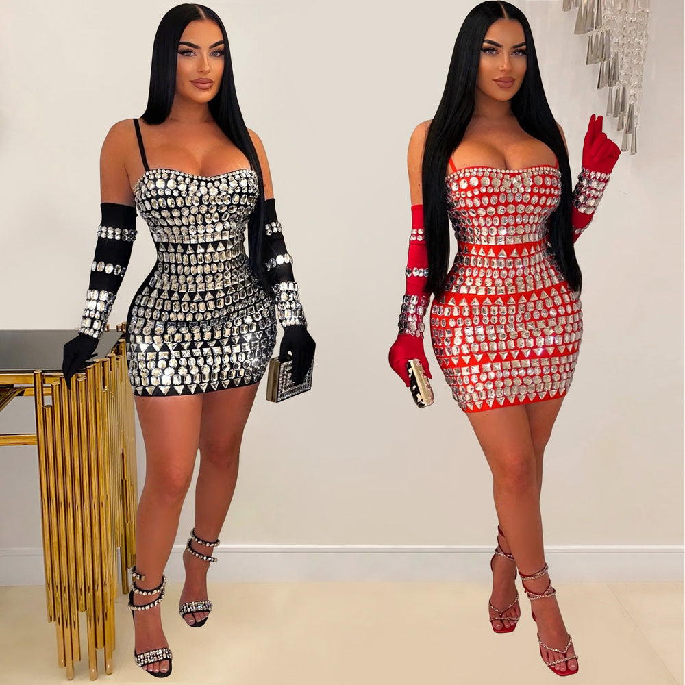 C6888 cross-border   fashion women's hotfix rhinestone sexy camisole gloves maxi dress