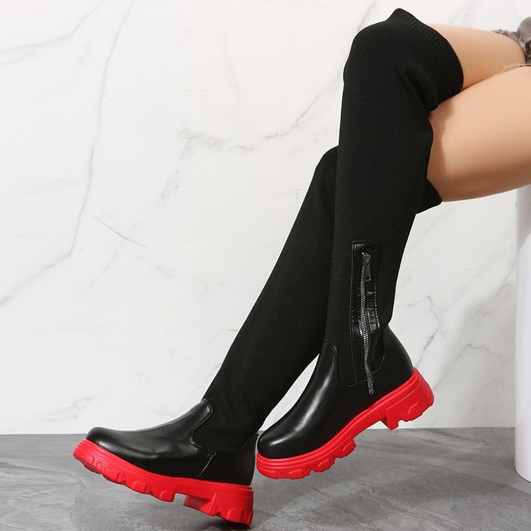 foreign trade women's large size boots fashionnew arrival over the knee round toe fly woven boots women's thick sole boots