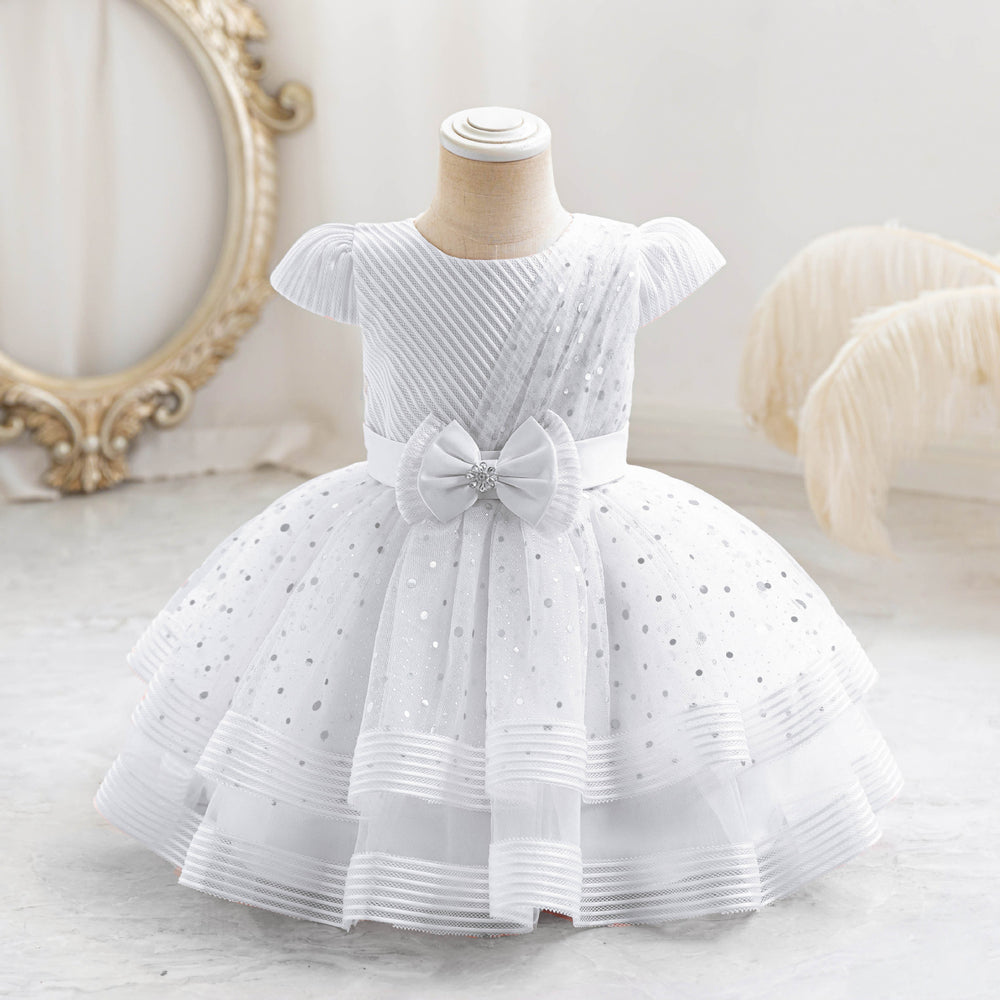 Ready-to-ship wholesale sequin bow princess dresses for girls, perfect for baby's first birthday or special occasions