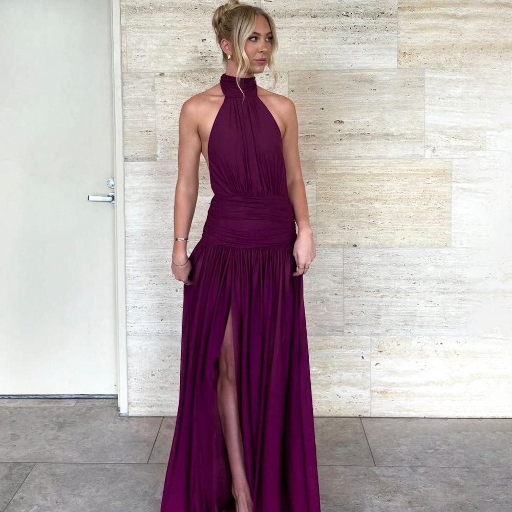 women's clothing  spring/summer new fashion halter neck sexy backless maxi dress with tie-up and slit