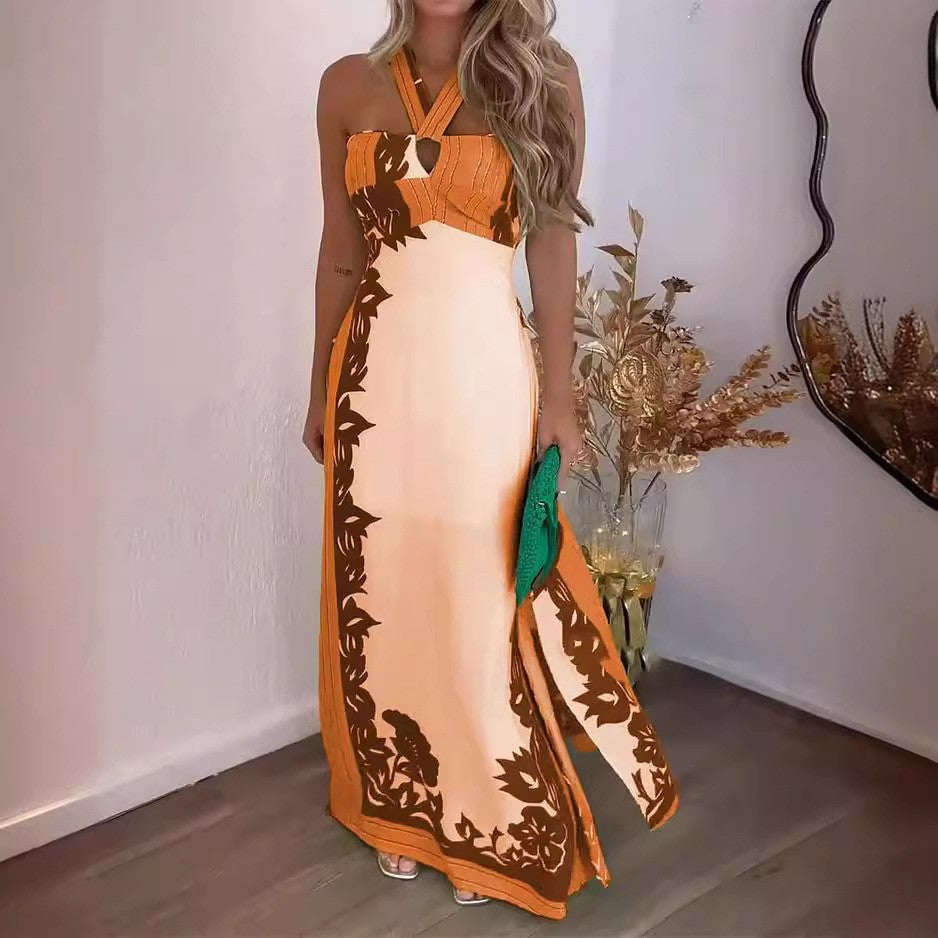 2025 summer new arrival: european and american style halter neck sexy color block fashion vacation beach long printed dress - women's apparel