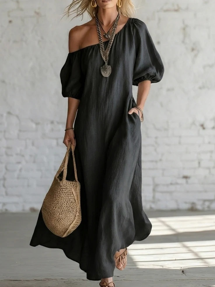 cross-border fashion summer women's solid color loose shoulder retrolong cotton and linen dress