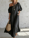 cross-border fashion summer women's solid color loose shoulder retrolong cotton and linen dress
