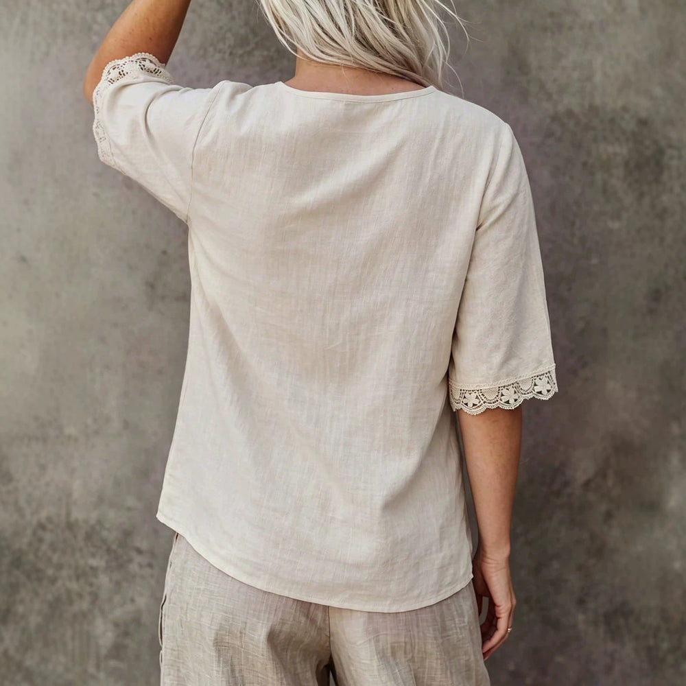 european and american cross-border beige lace patchwork top, v-neck, half-open placket, short-sleeve, loose-fit shirt - wholesale for export