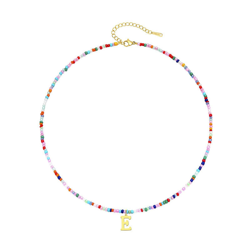 European and american cross-border colorful beaded initial necklace, 18k gold plated choker, bohemian stainless steel necklace