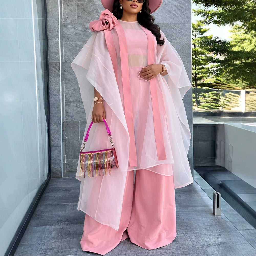 Trendy african-inspired loose sheer top & wide-leg pants set - pink robe two-piece outfit for parties & weddings