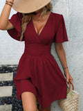 Summer new arrival: deep v-neck ruffle sleeve solid color shirred dress
