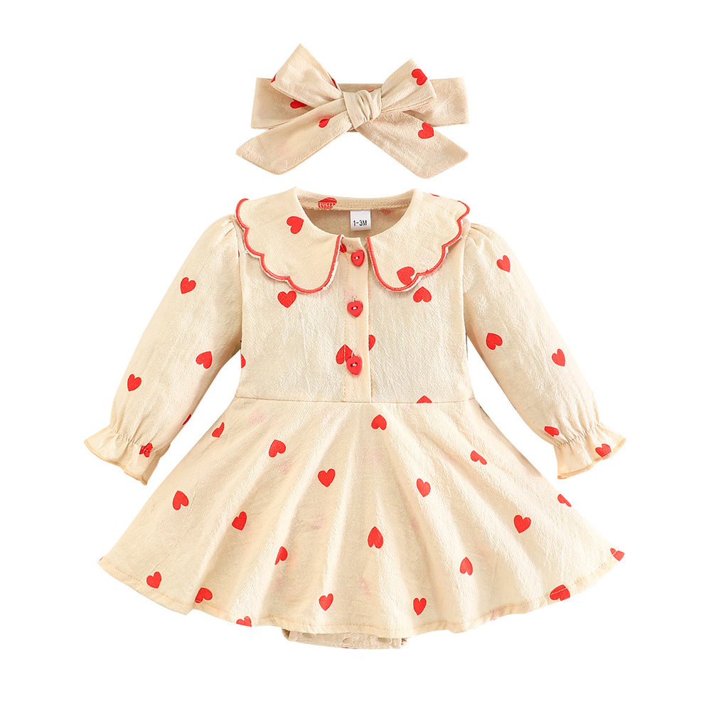 girls' heart print big collar triangle romper - apricot long sleeve + bow hair accessory