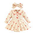 girls' heart print big collar triangle romper - apricot long sleeve + bow hair accessory