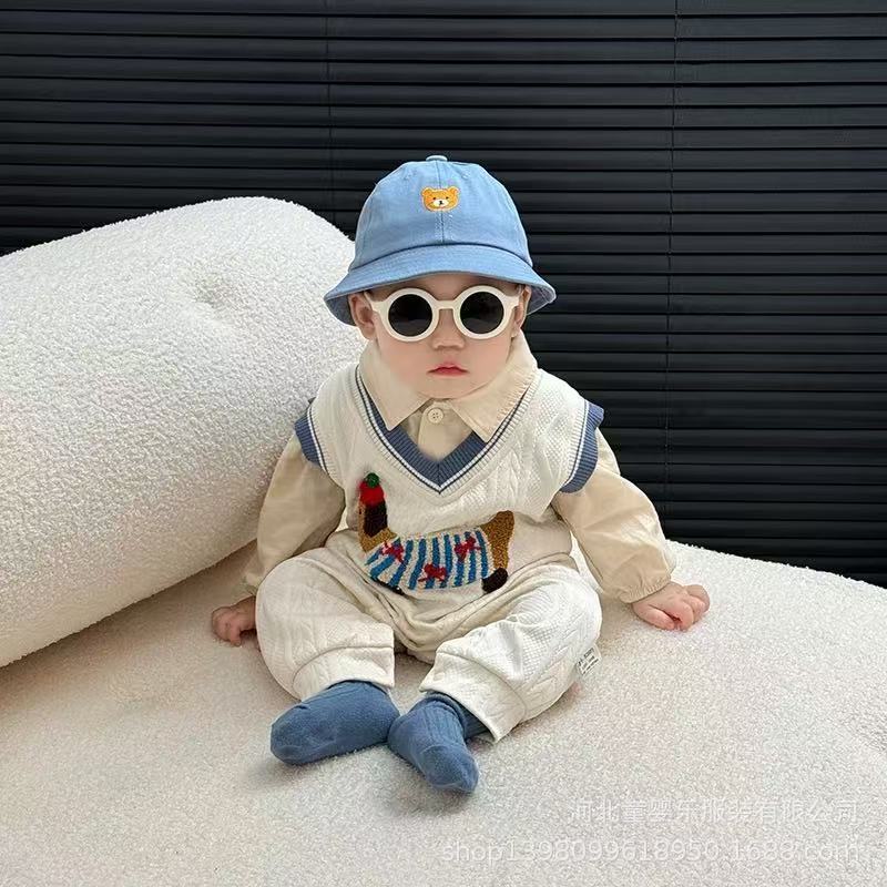 Baby spring autumnew arrivalgentleman knitting clothes long sleeves outing clothes infant super cute fake two-piece one-piece haha