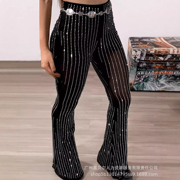 LZR18920 European and American women's clothing black sexy perspective mesh yarn hot diamond design high waist tight flared pants without belt
