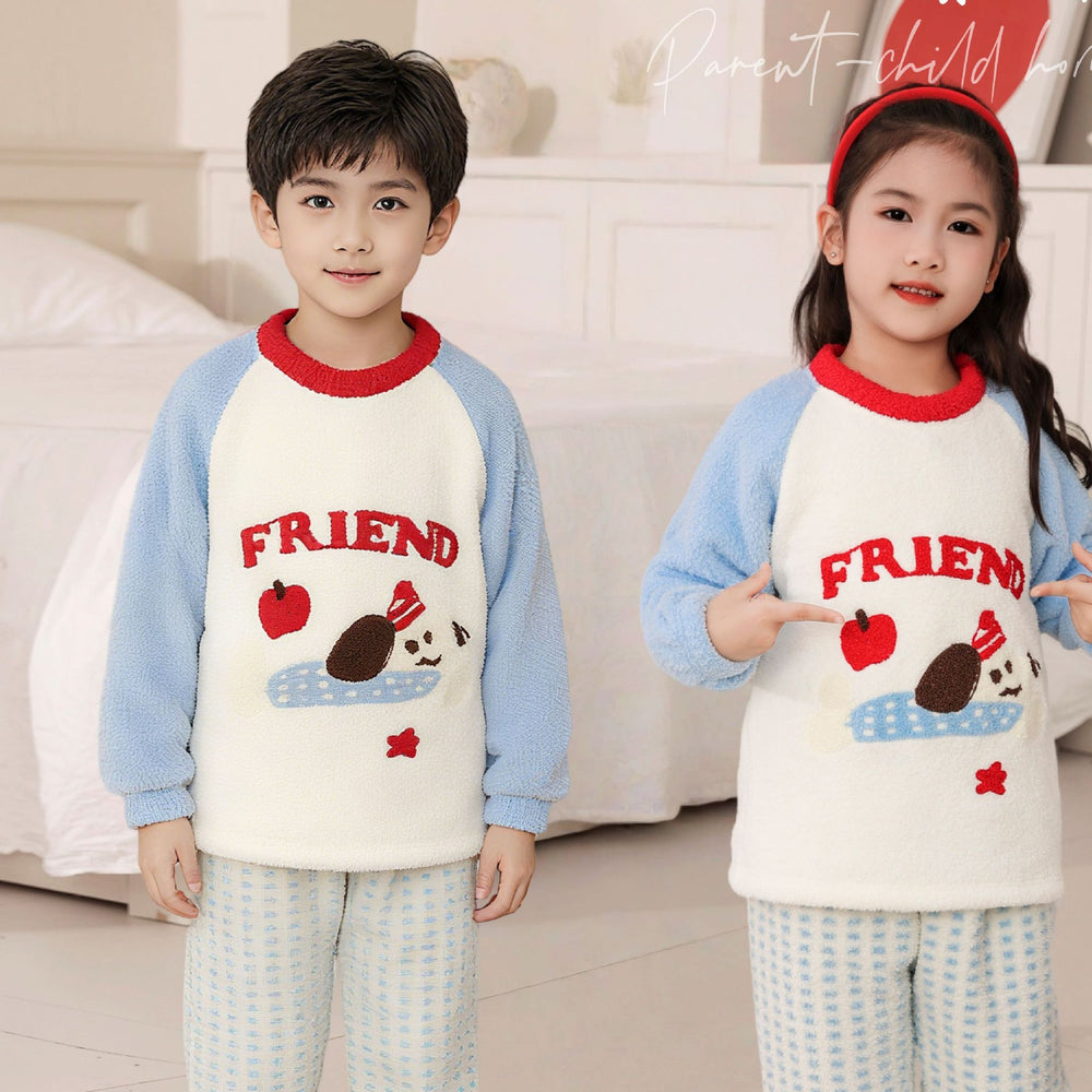 Girls' pajamas: warm, thickened, half-fleece long-sleeve loungewear set for girls (mid-to-large size), autumn/winter, trendy style