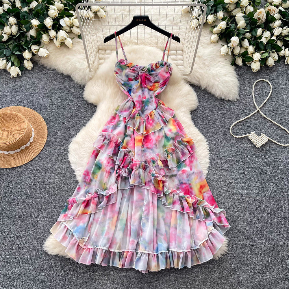 Vacation-inspired tie-dye print cami dress - sexy, high-low, ruffled hem, dopamine dress