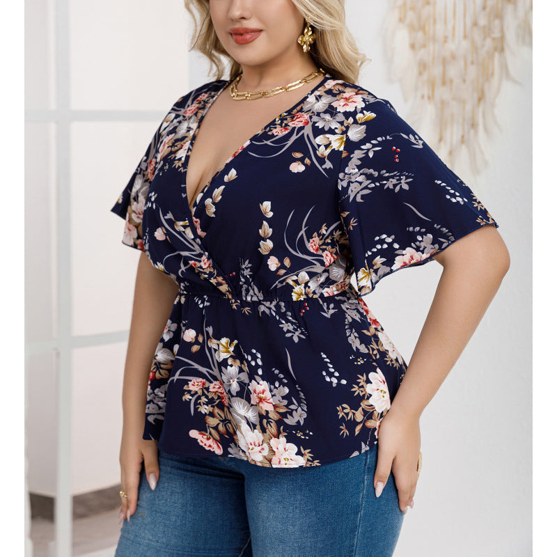plus size cross-border new arrival  women's original elegant v-neck printed blouse