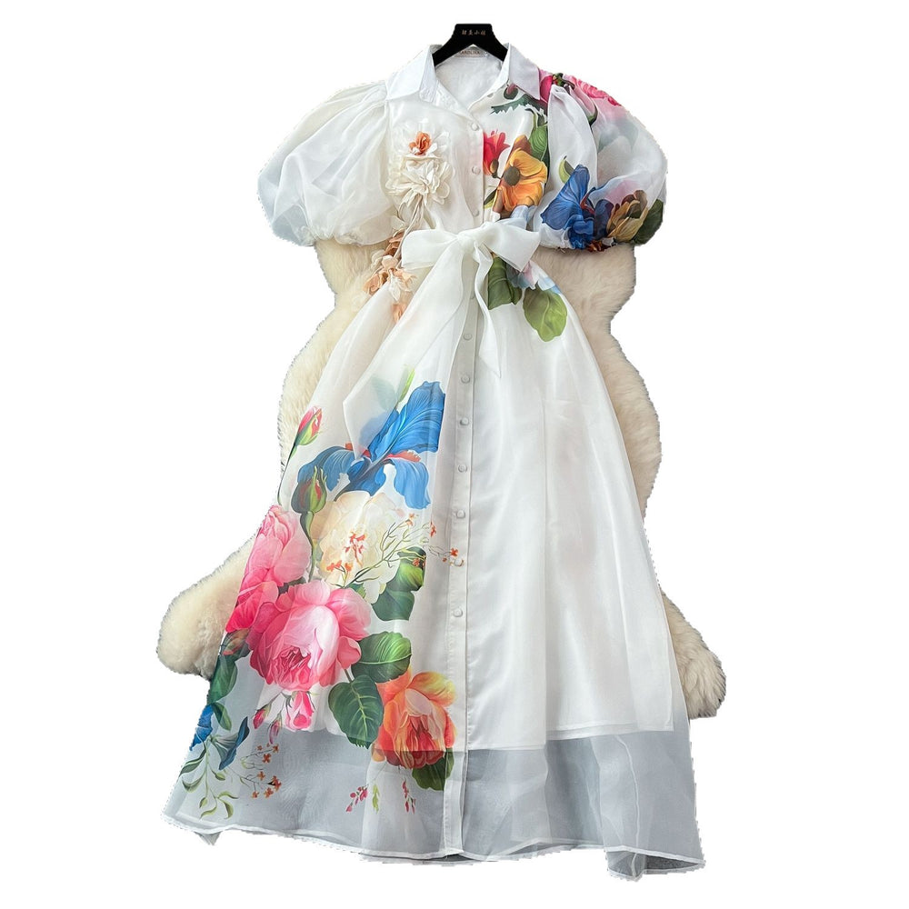 Frenchelegancedress women's summer palace style strap waist stereo flower lantern sleeve printing mesh long skirt