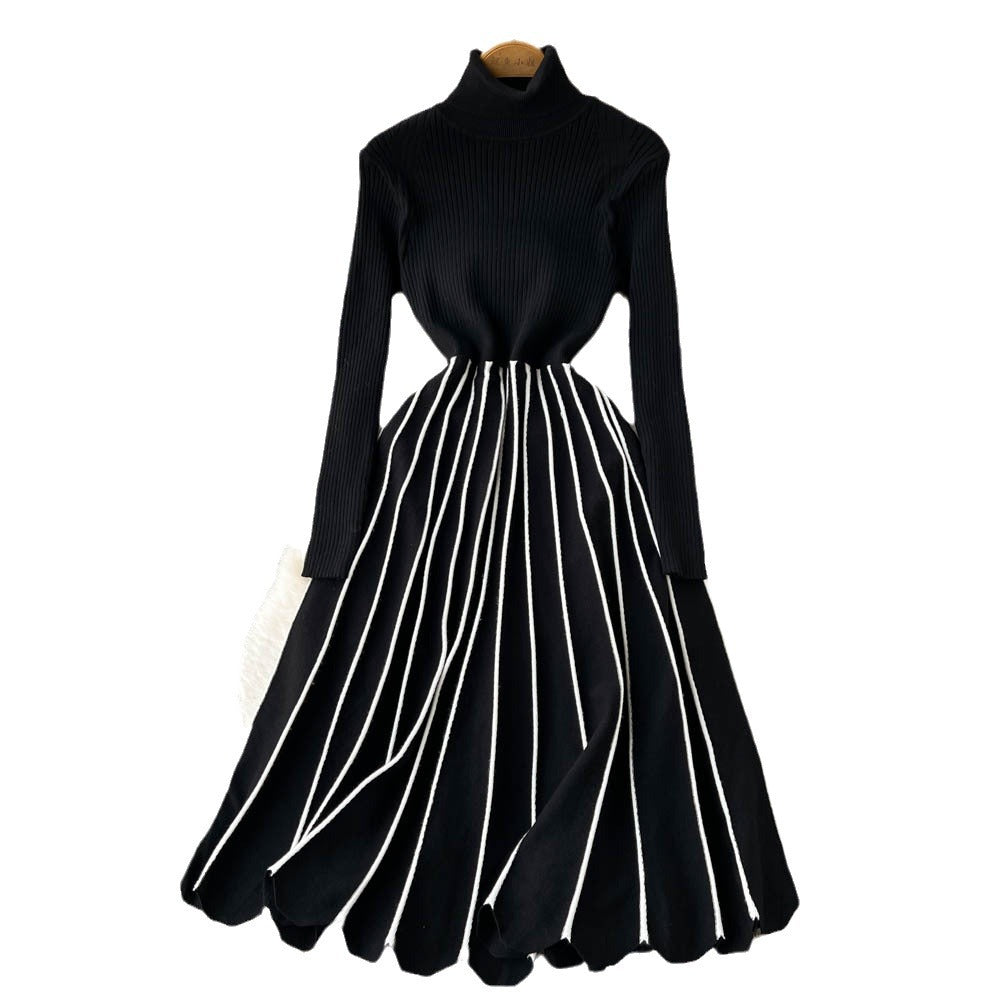 Fall and winternew arrivalhigh collarthickened inner layer bottomsense of designstripespleated knittingdress women's knee-length long skirt trendy