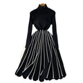 Fall and winternew arrivalhigh collarthickened inner layer bottomsense of designstripespleated knittingdress women's knee-length long skirt trendy