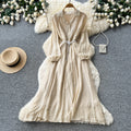 Korean style commute blue ruched long sleeve dress - women's summer slimming a-line elegant maxi dress