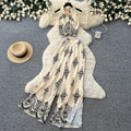 Vacation-style printed halter sleeveless dress women's summer lazy high-waisted wide-leg pants two-piece set - premium feel