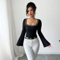 premium black square neck t-shirt for women - pearl embellished flare sleeve slim fit long sleeve top