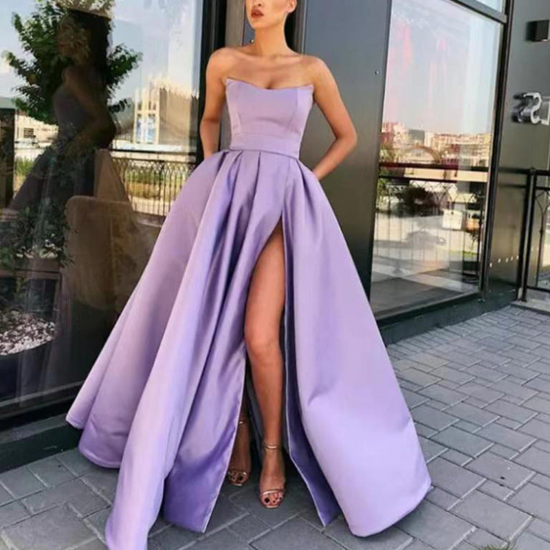 new european and american export style evening gown - sexy bandeau slit maxi dress for performances, banquets, and hostesses