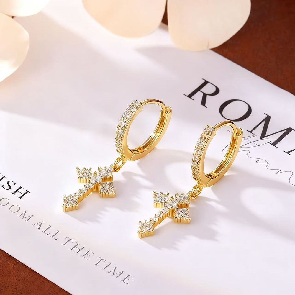 Copper plated with real gold, exquisite electroplating, super sparkling zircon earrings, versatile sweet and cool style, cross copper earrings, stylish style