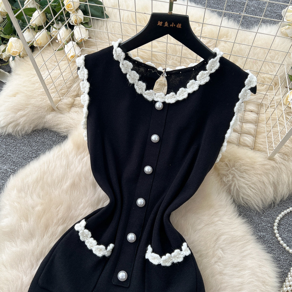 Xiaoxiangfeng pearl sleeveless blackdress women's summer waist slimming look pearl decoration qianjin style knitting skirt