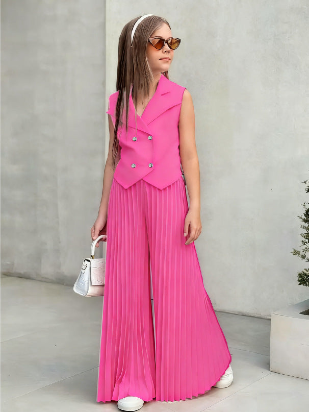new european and american style girls' sleeveless blazer top + wide-leg pants set - european & american cross-border kids' outfit