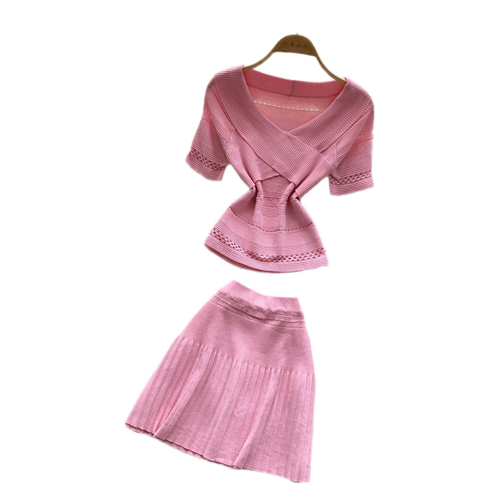 Commuter style pink knittingcut outtwo-piece set women's summer silmv neckcut outtops skirt fashionsuit