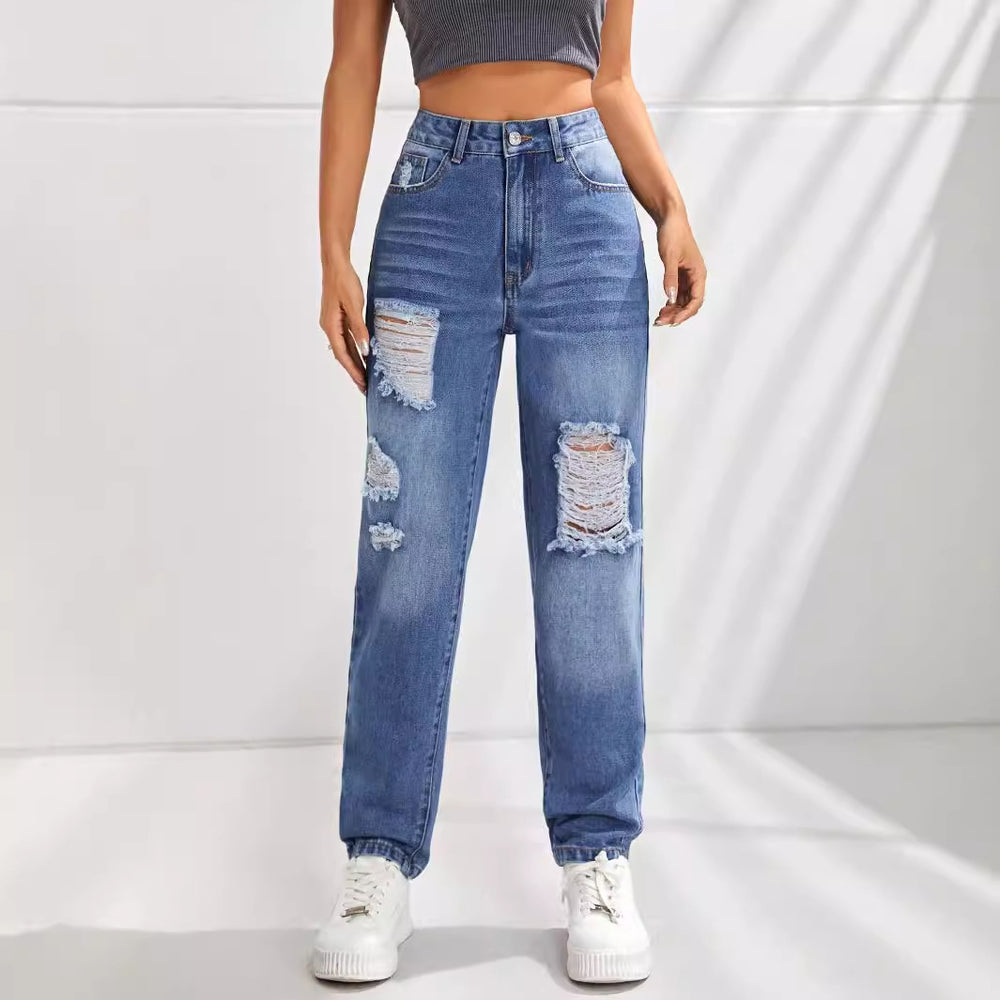 Pre-sale-15065# cross-border fashion casual slimming look ripped straight jeans pants for men and women
