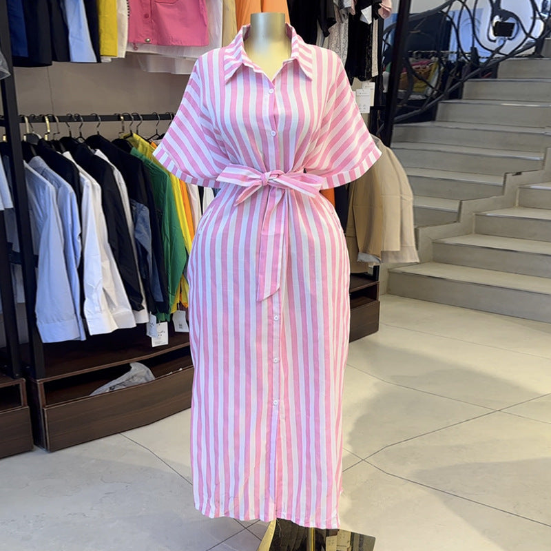European and american cross-border women's fashion:  spring new arrival - elegant collared pink striped tie-waist short-sleeve shirt dress