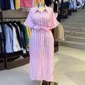 European and american cross-border women's fashion:  spring new arrival - elegant collared pink striped tie-waist short-sleeve shirt dress