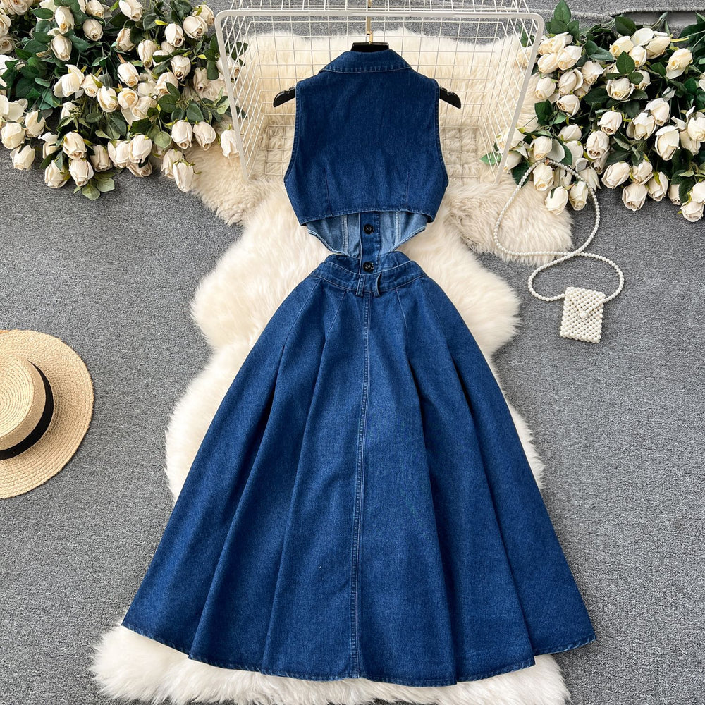 Chic hong kong style retro denim dress - women's designer button-down hollow-out slim fit midi dress with slit and knee-length design