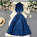 Chic hong kong style retro denim dress - women's designer button-down hollow-out slim fit midi dress with slit and knee-length design