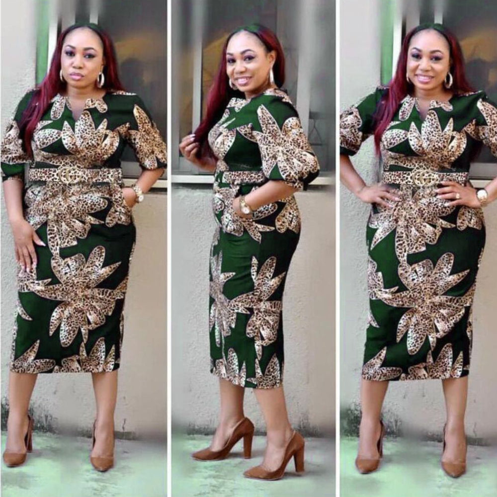 African clothing plus size women's leopard print dress slim fit bodycon midi dress with belt and ruffle sleeves