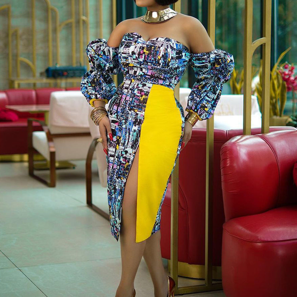 D148t european and american style autumn fashion printed off-the-shoulder bandeau sexy plus size cross-border dress