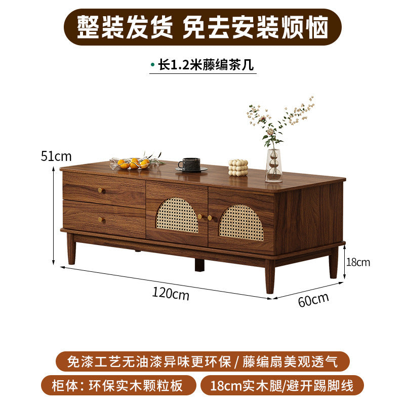 Retro rattan solid wood frame TV cabinet household coffee table combination small apartment living room storage locker integrated new model