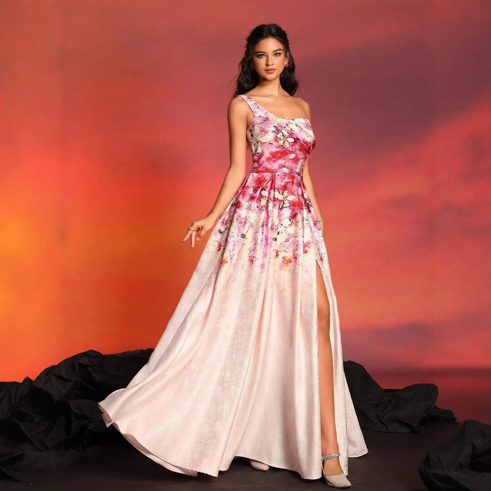 Exportfashionfrenchretroclassyprinting sleeveless fashion one shoulder long dresselegantslimming looksilmdress