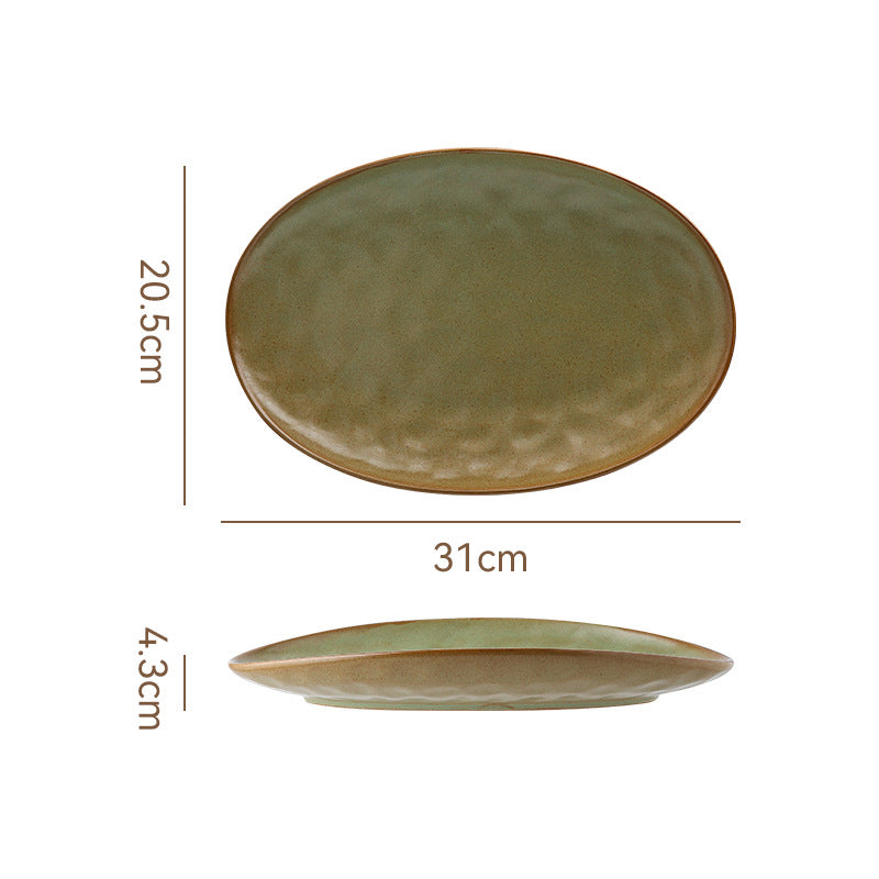Retro stoneware oval ceramic long plate restaurant for home large capacity stylish fish plate sushi pastry dessert plate