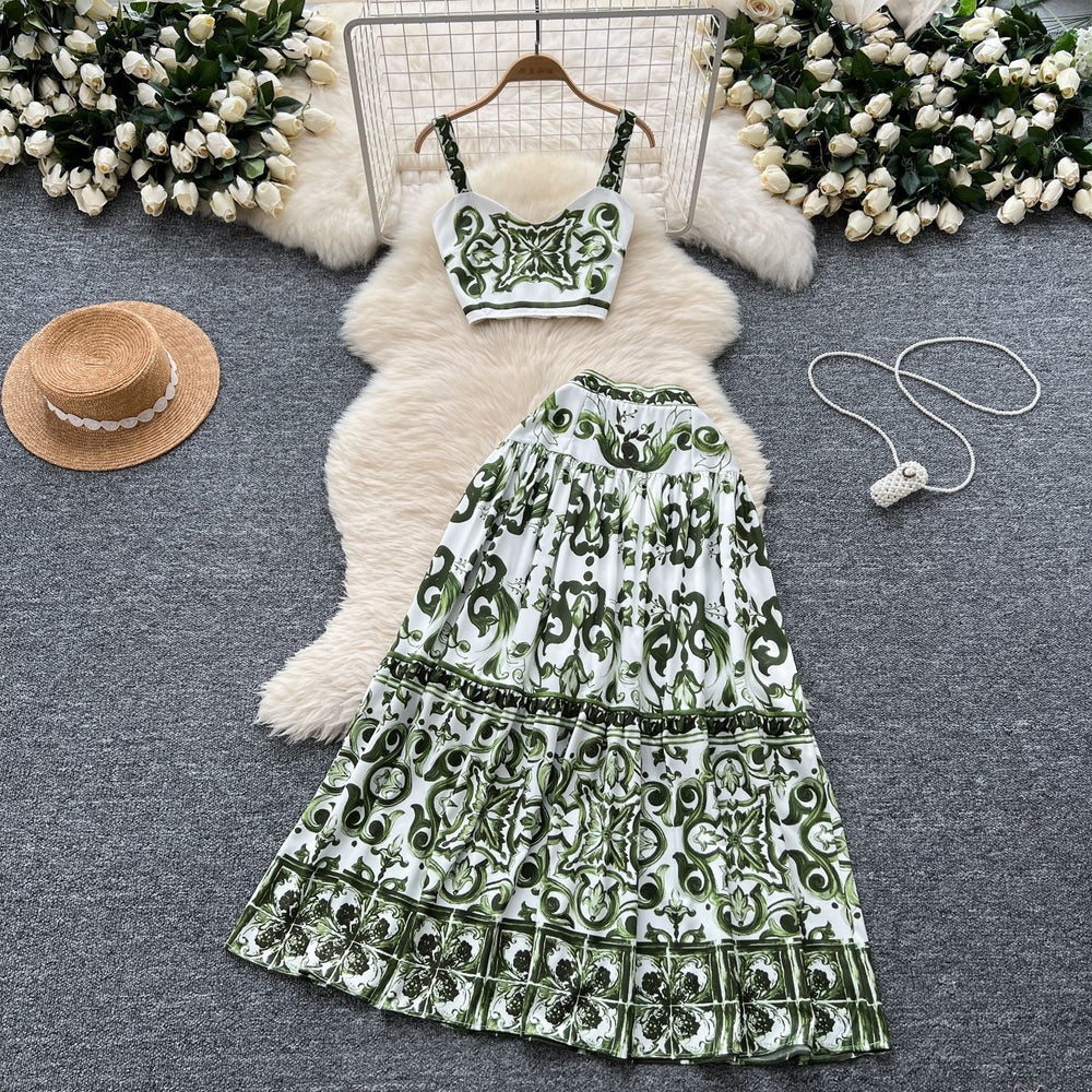 European and american style blue and white porcelain print set - women's summer lingerie: cropped cami top + high-waisted midi skirt