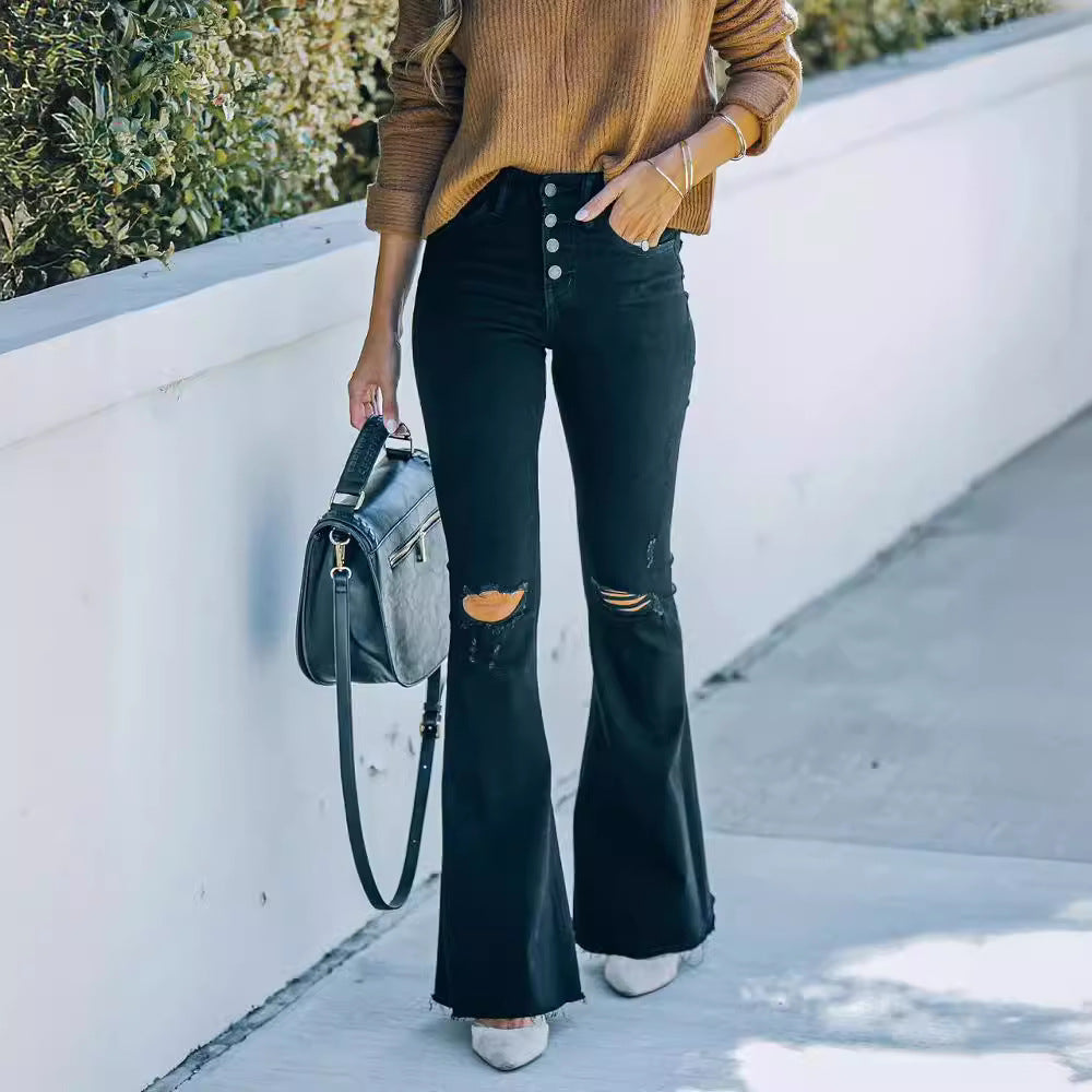 Ebay european and american cross-border foreign trade  new style washed denim ripped raw edge elastic bootcut pants  women