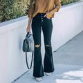 Ebay european and american cross-border foreign trade  new style washed denim ripped raw edge elastic bootcut pants  women