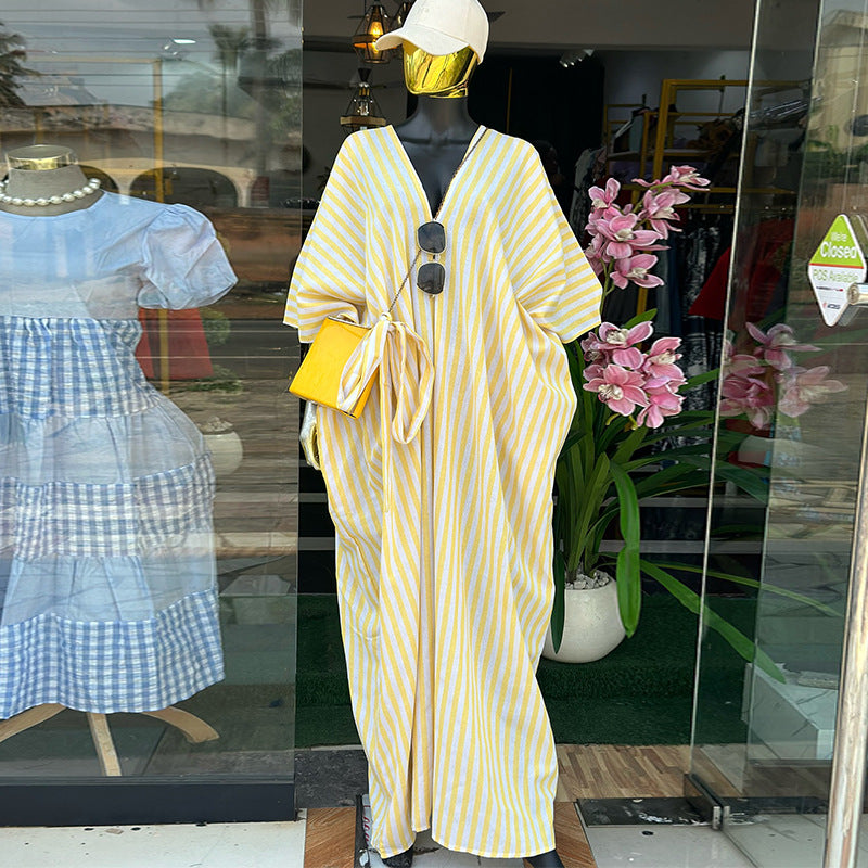 European and american cross-border women's clothing:  spring new arrival - casual chic v-neck loose plus size striped maxi dress