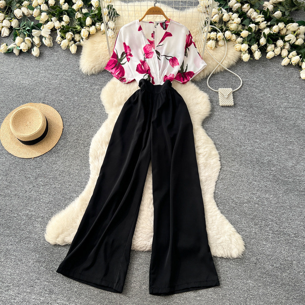 Korean style commute v-neck printed jumpsuit - women's summer high-waisted wide-leg slimming and flattering trousers