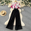 Korean style commute v-neck printed jumpsuit - women's summer high-waisted wide-leg slimming and flattering trousers