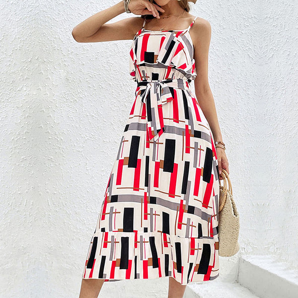's new European and American elegant personality trend  ruffle edge colorful geometric printing suspender dress