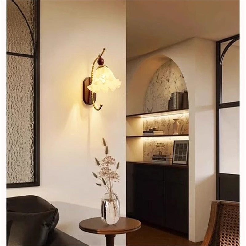 French-style wall lamp, vintage-inspired, for bedroom bedside, living room, hallway, or entryway accent wall. retro walnut finish, eye-friendly wall sconce